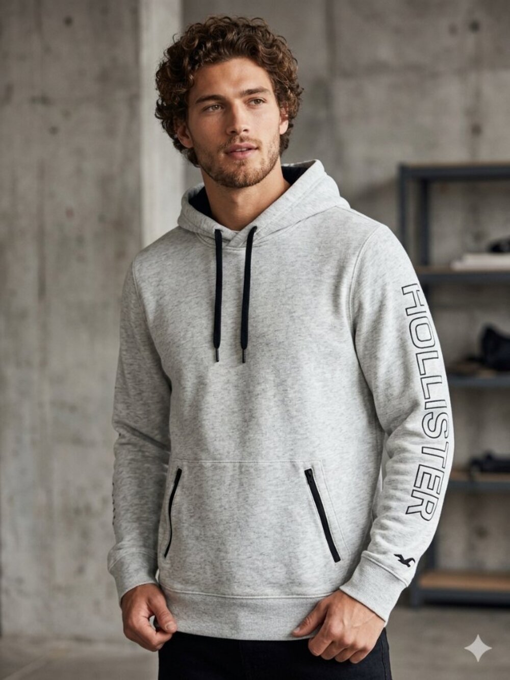 Hollister Gray Logo Hoodie Sweatshirt Size Large
